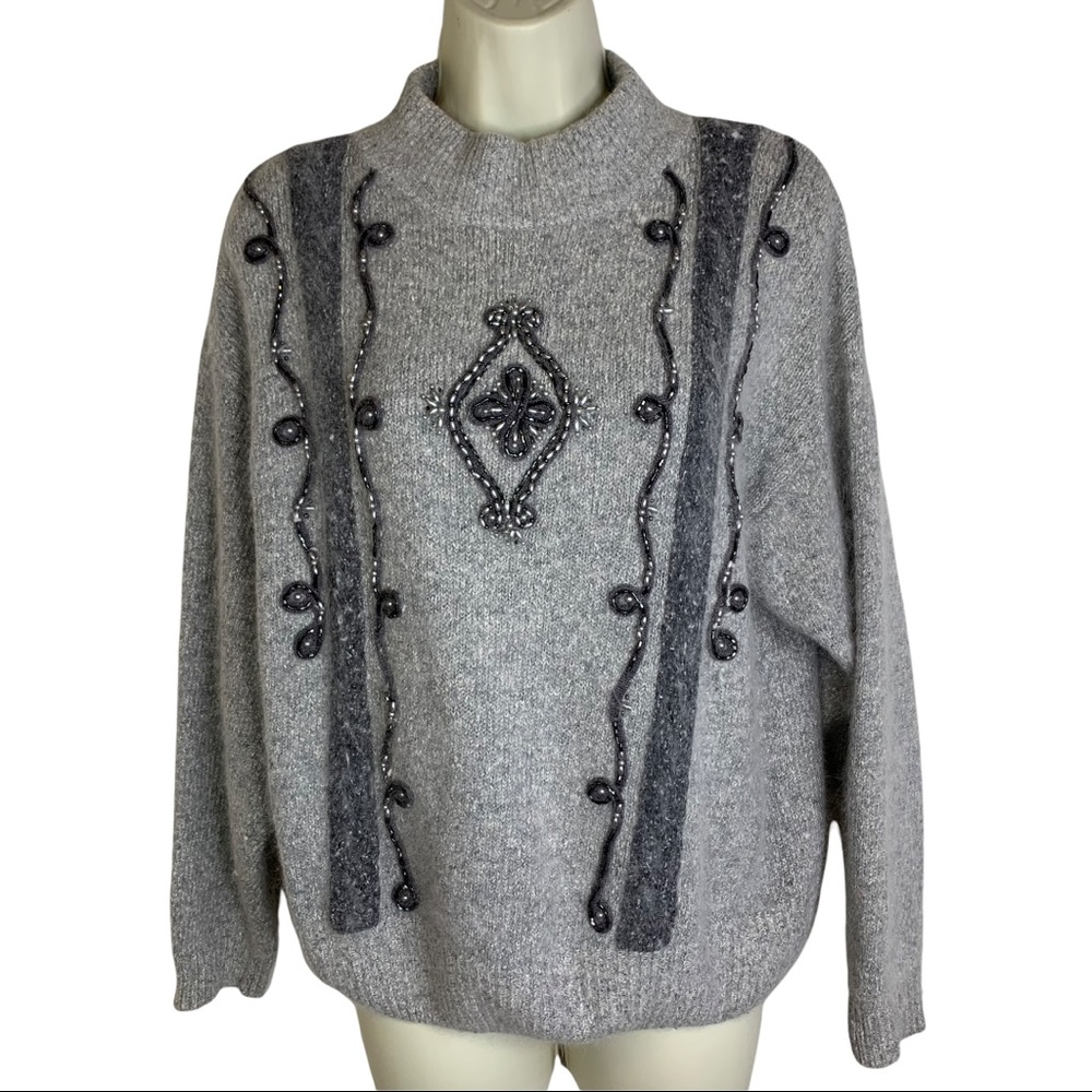 Santoria  VTG  Beaded Statement Gray Silk Angora Wool Blend Winter Sweater